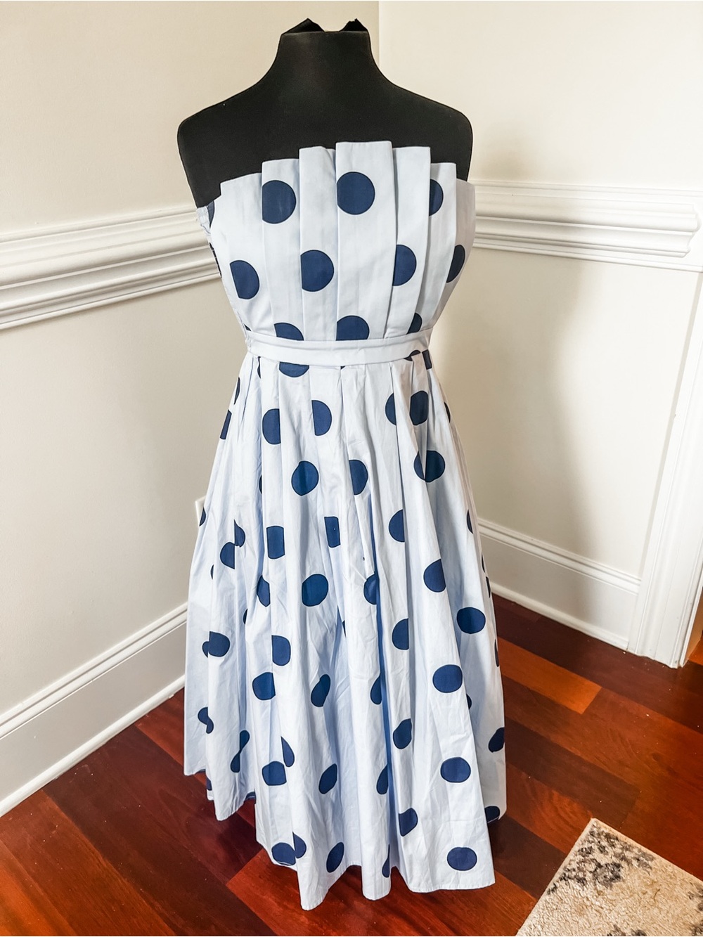 entro Light Blue Strapless Dress with Navy Polka Dots